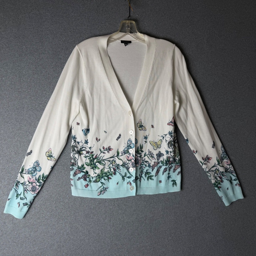 Talbots Womens White Butterfly Floral Print Cotton Blend V-Neck Cardigan M